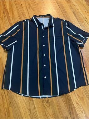 Men's Navy Short-Sleeve Button-Up Shirt with White and Brown Stripes